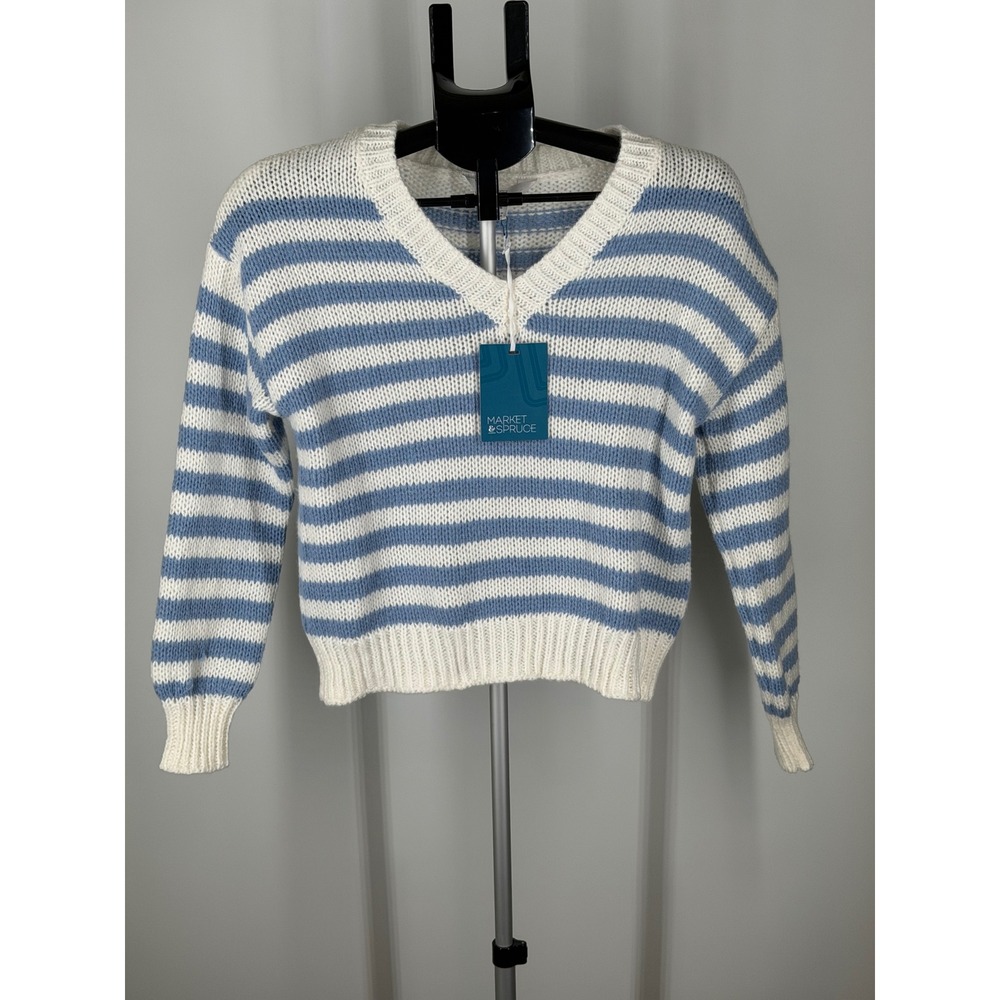 Market & Spruce Blue White Striped V-Neck Knit Sweater Womens XS Petite NWT
